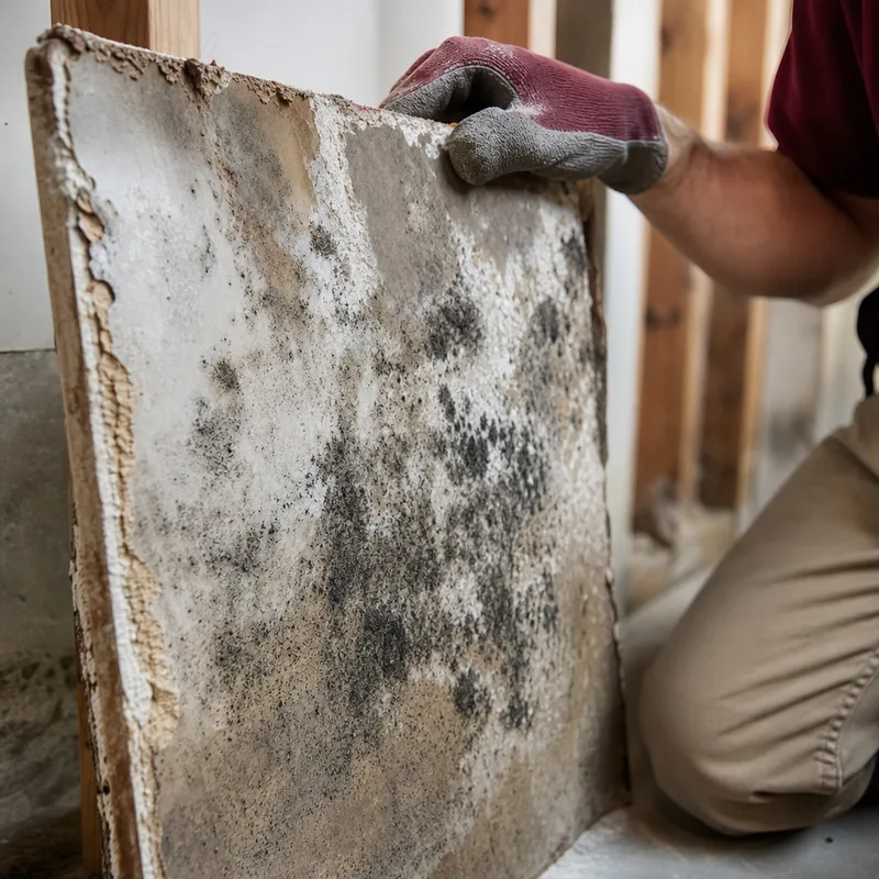 Mold growth visible on the back of drywall removed from a damp basement wall