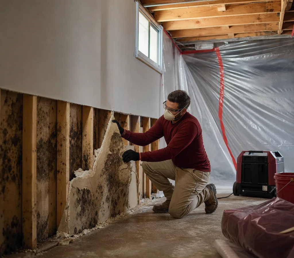 Contractor in protective gear removing mold-damaged drywall inside a contained residential basement work area
