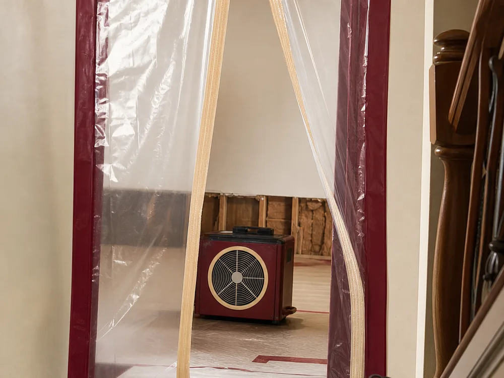 Taped plastic doorway containment with a HEPA air scrubber operating inside the work area