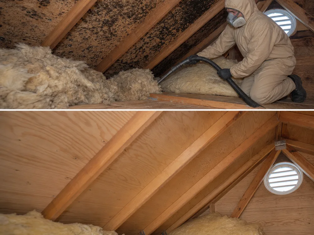 Attic sheathing being cleaned with controlled access, protective equipment, and insulation pulled back for inspection