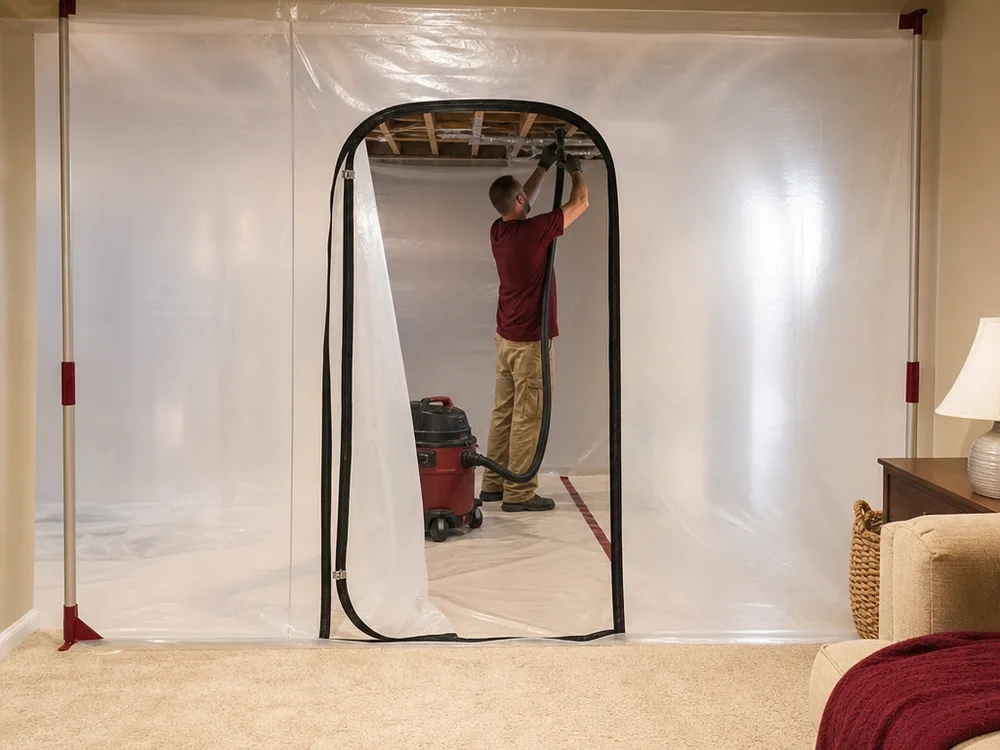 Contained basement work area with poly sheeting and a zipper door protecting the rest of the home