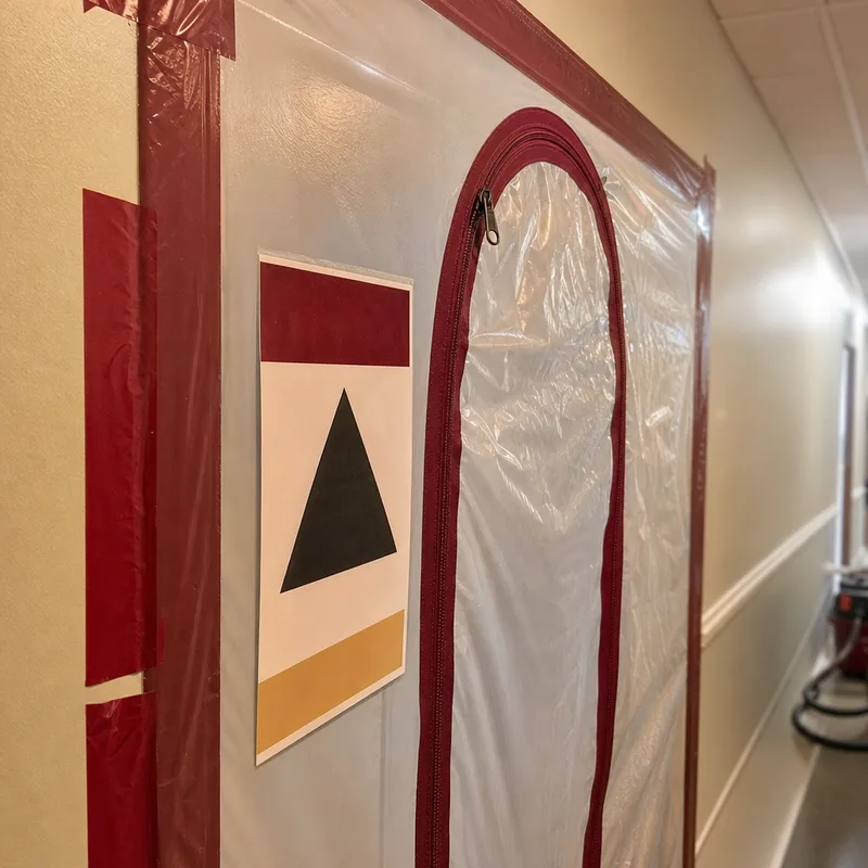 Taped plastic containment barrier with a zipper-door entry and warning signage