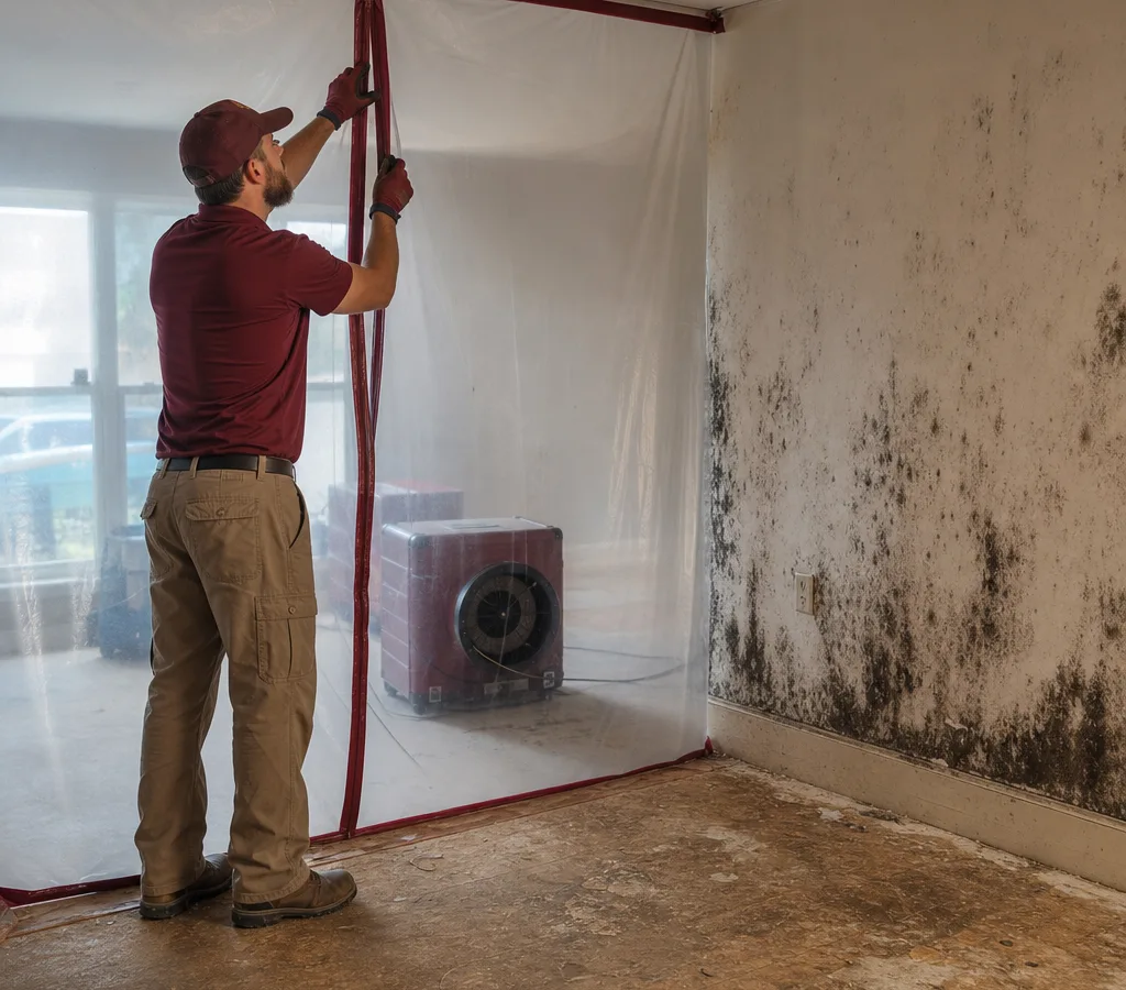 Contractor setting up plastic containment around a mold-stained room with an air scrubber nearby