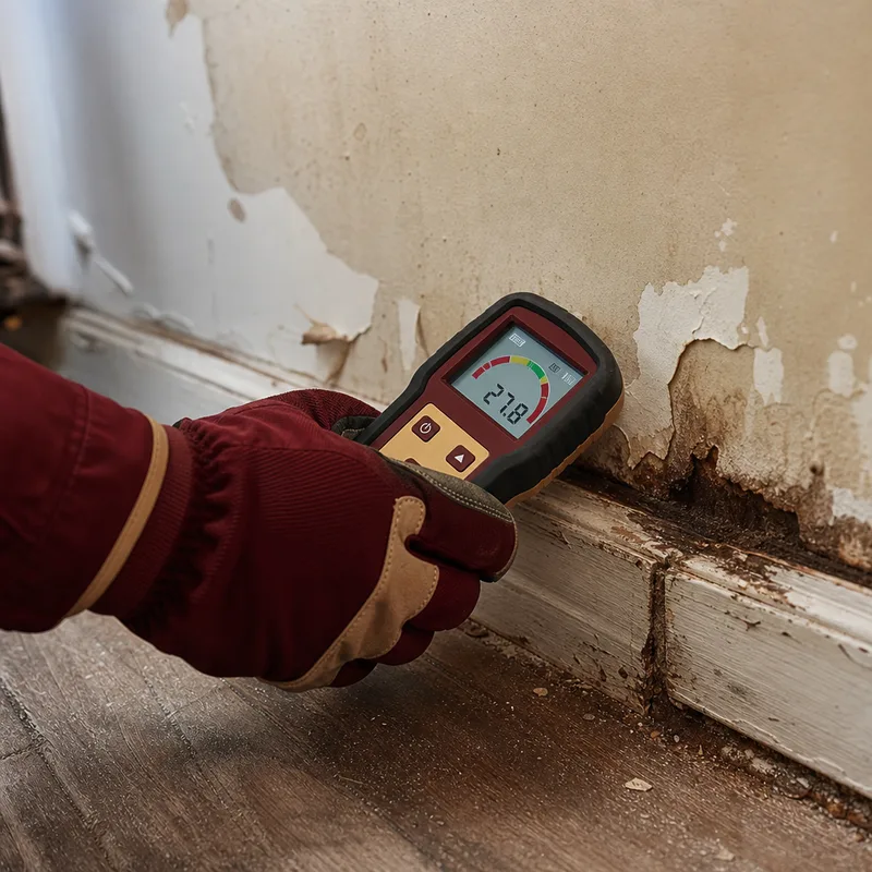 Moisture meter checking swollen baseboard and a damp drywall edge