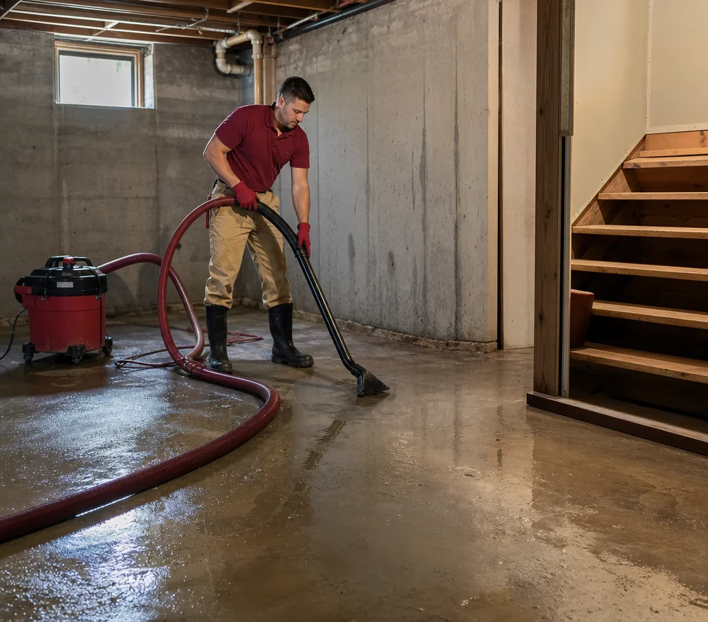 Contractor extracting standing water from a residential basement with professional water removal equipment