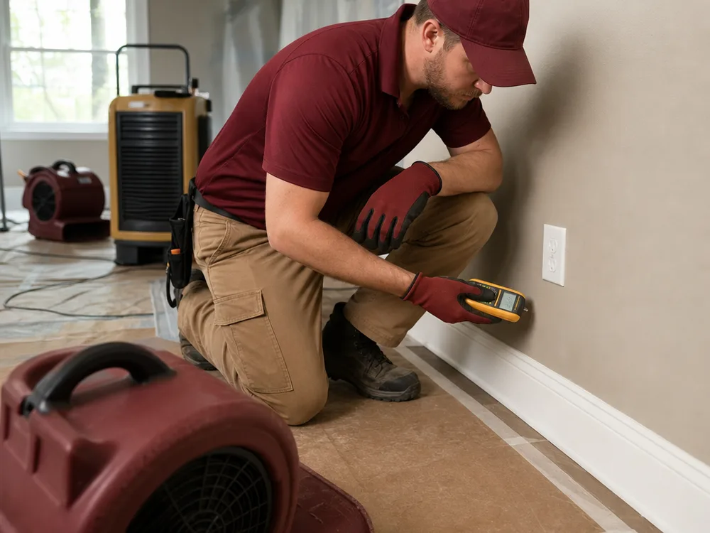 Contractor using a moisture meter on drywall while air movers and a dehumidifier run nearby
