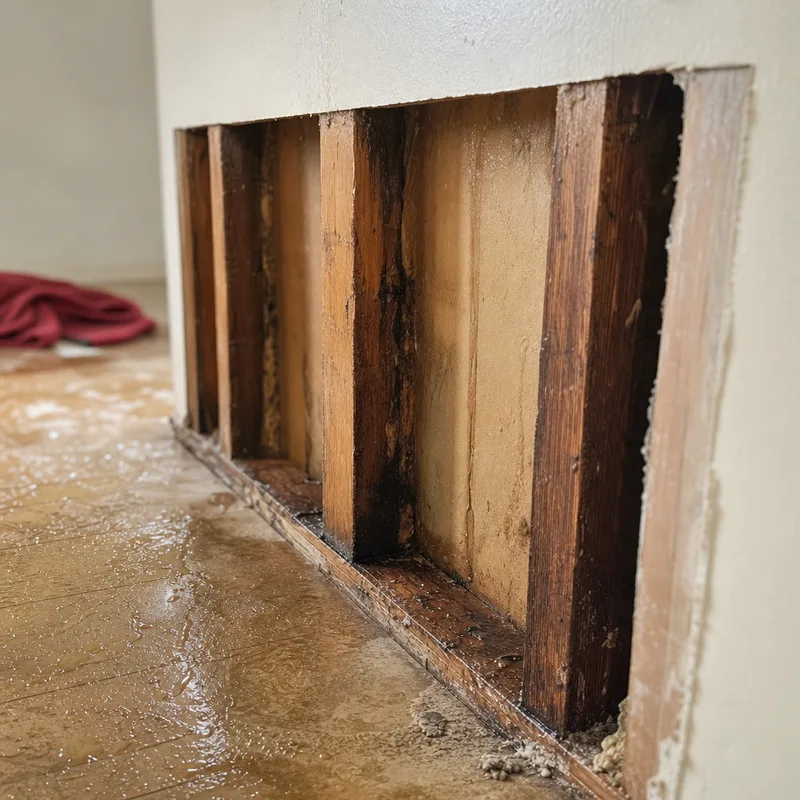 Wet drywall cut out along studs to expose a wall cavity for drying