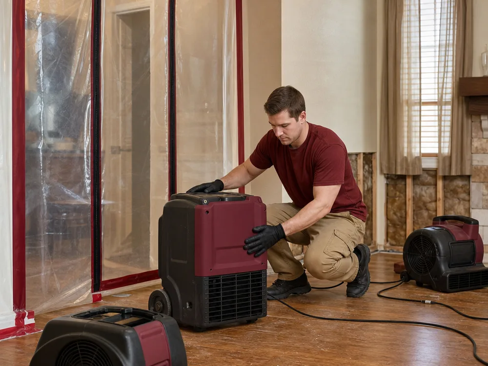 Dehumidifier and air movers operating beside a plastic containment doorway in a living room