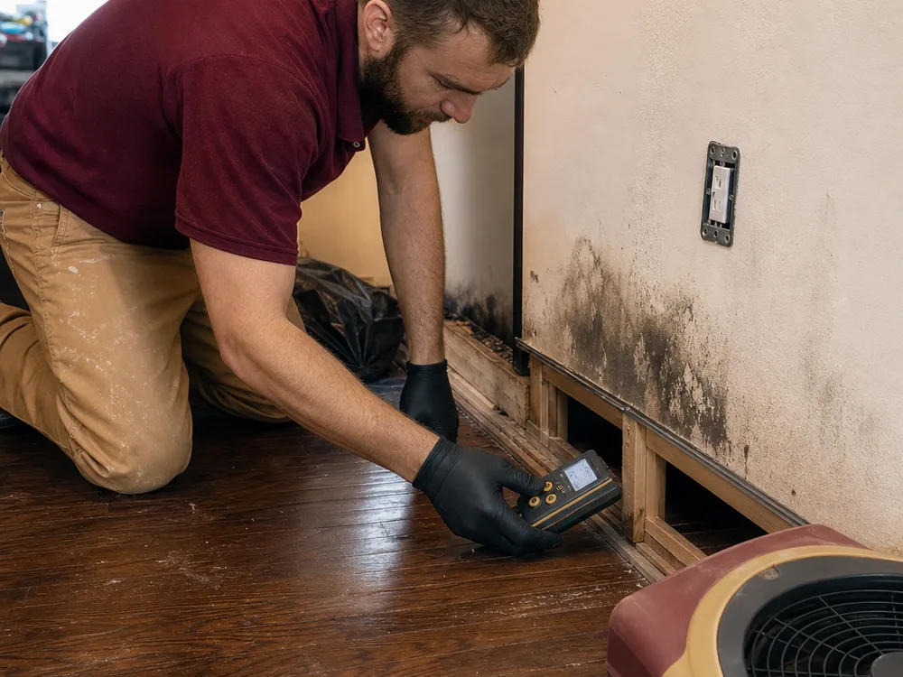 Contractor documenting moisture-meter readings at an interior wall base and hardwood floor edge