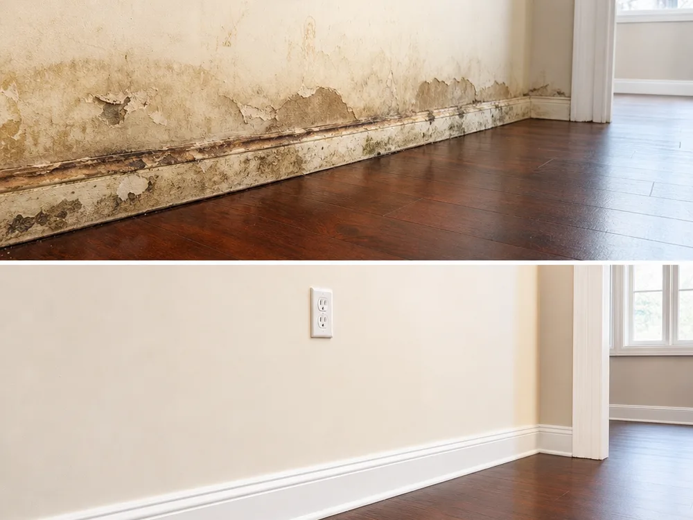 Restored interior room with new baseboards and a repainted lower wall after water damage repairs