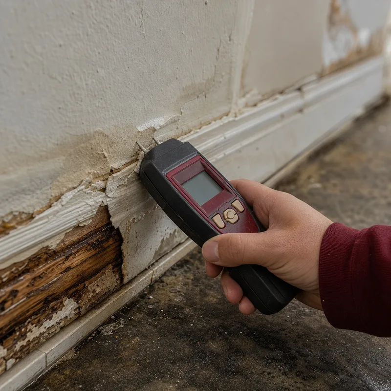 Swollen baseboard and wet drywall edge being checked with a moisture meter