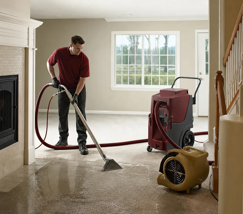 Contractor using a commercial water extraction wand on wet carpet with drying equipment nearby