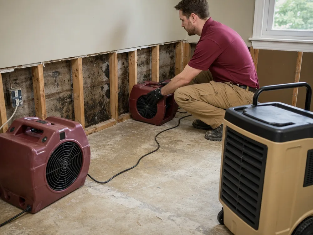 Air movers aimed at an opened wall cavity with a dehumidifier operating nearby