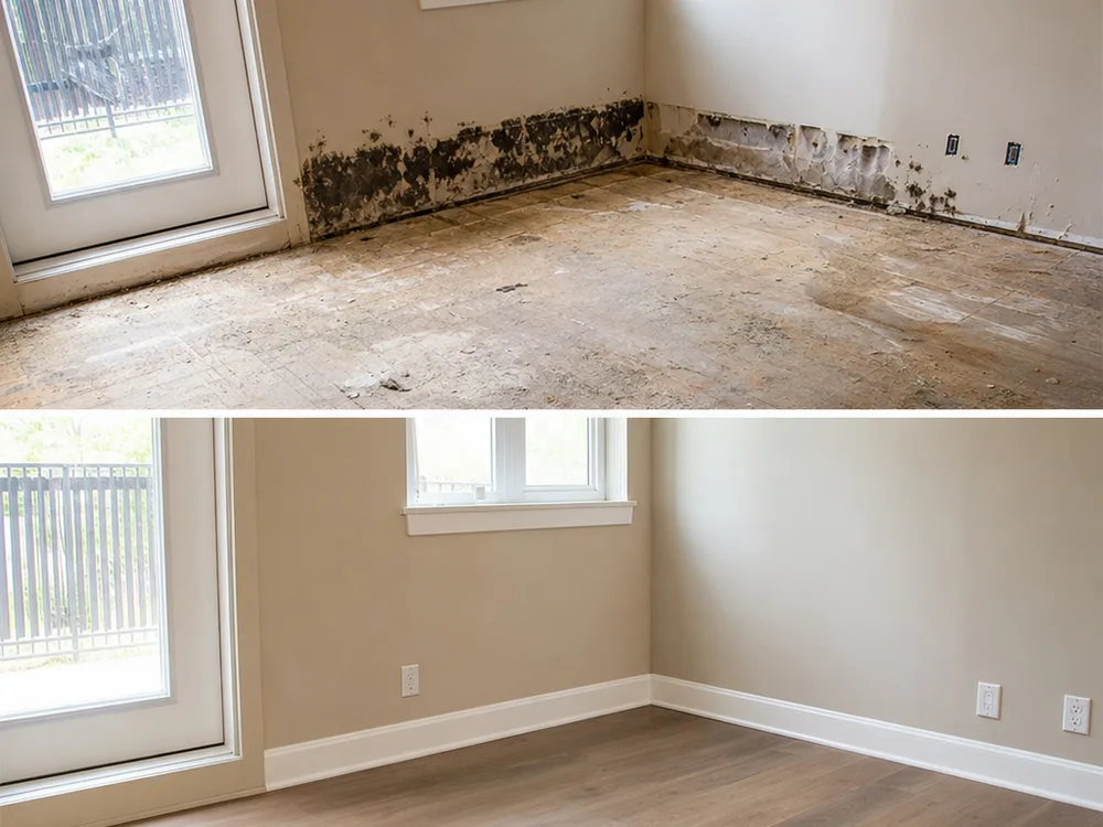 Restored room with new baseboards, freshly painted walls, and repaired flooring