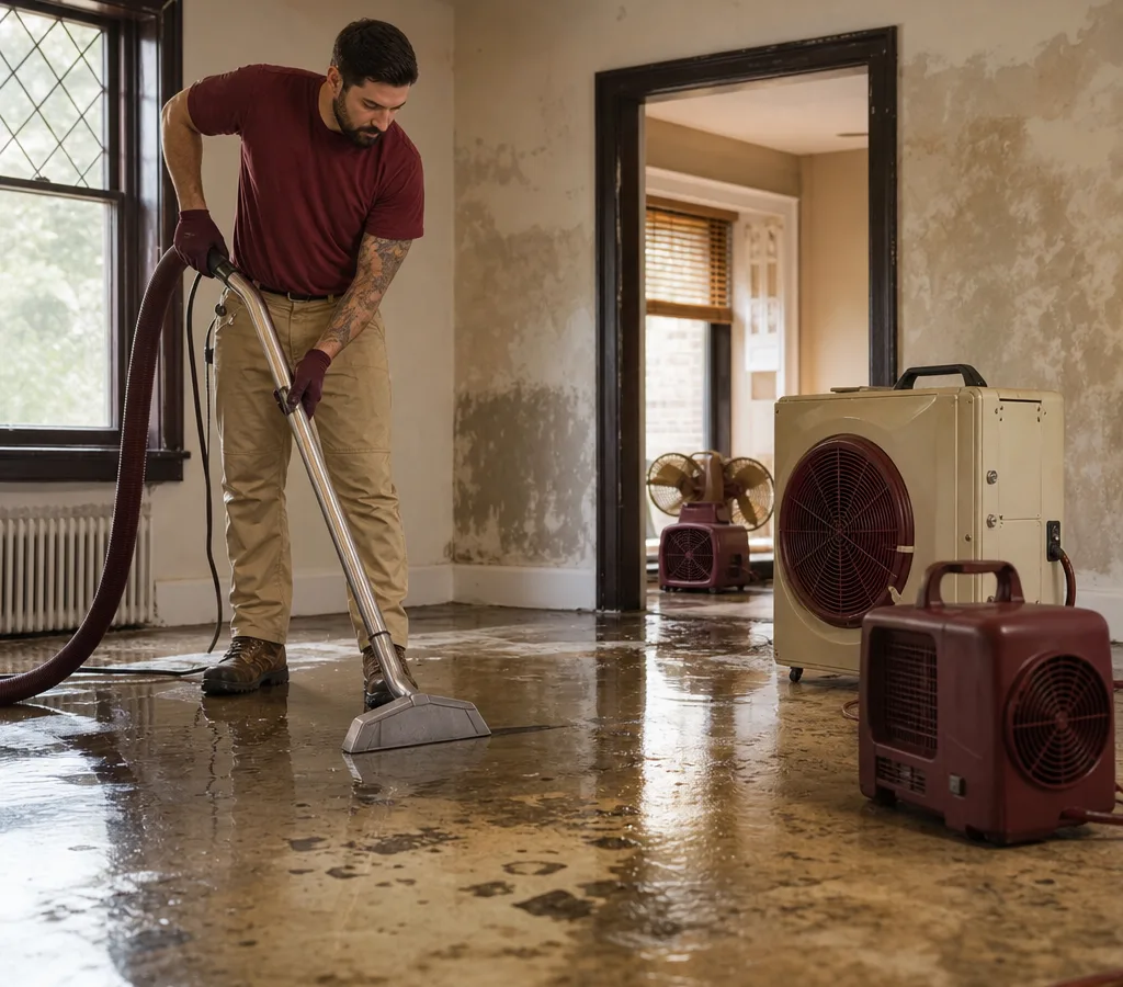 Contractor using an extraction wand to remove standing water from a residential floor with drying equipment nearby