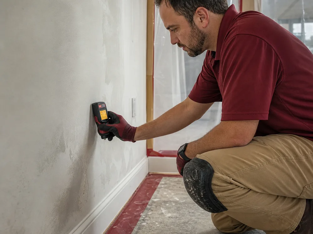 Contractor taking moisture readings on drywall and baseboards with containment plastic staged nearby