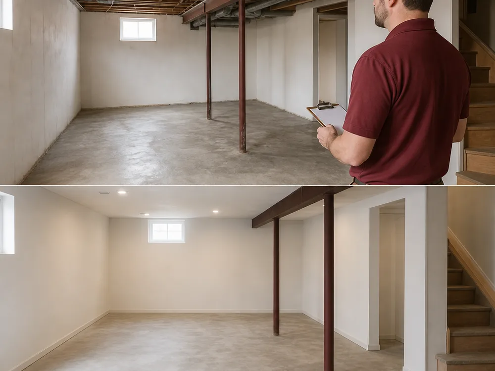 Cleaned and dried basement room with flooring ready for repair or replacement