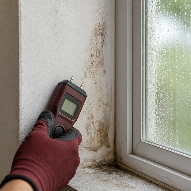 Moisture meter reading on drywall near a window frame with condensation staining