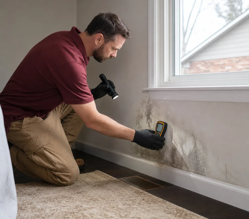 Contractor examining a residential wall and window area with a flashlight and moisture meter