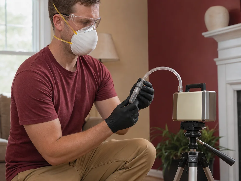 Contractor collecting an indoor air sample with a calibrated pump and cassette in a living room