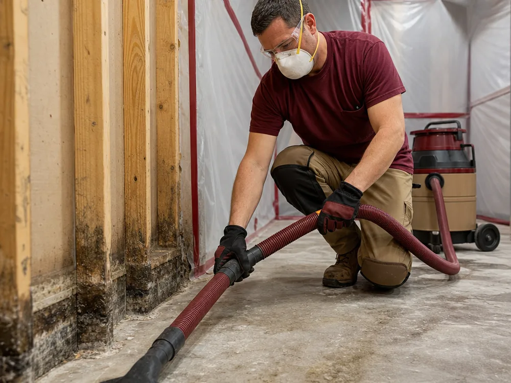 Contractor HEPA-vacuuming basement framing and concrete inside a contained work area