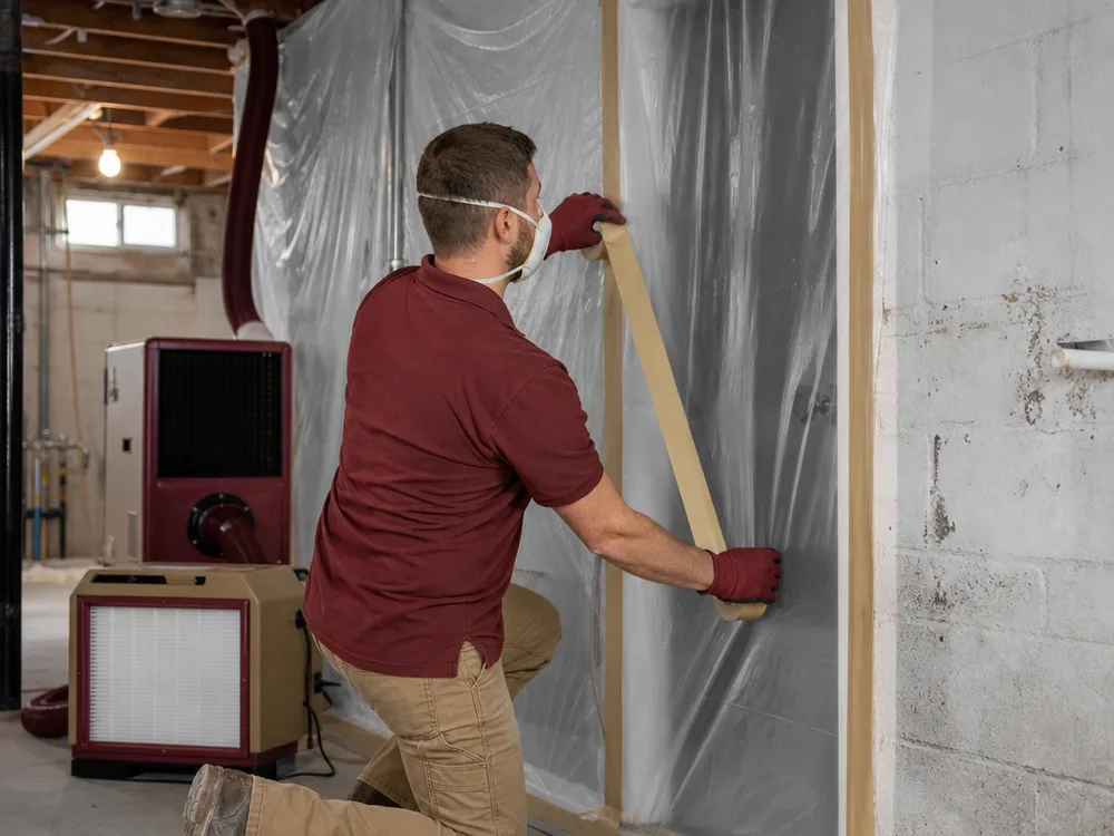 Contractor sealing containment plastic around a basement doorway with filtration equipment nearby