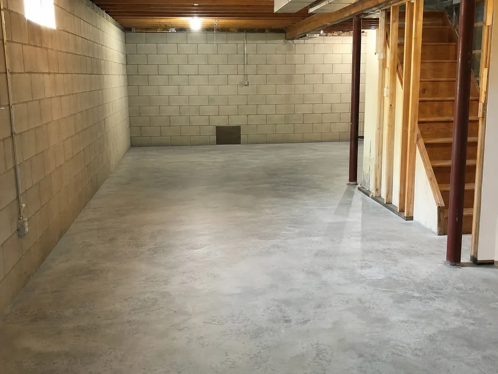 Cleaned and dried unfinished basement with exposed concrete block walls ready for repairs
