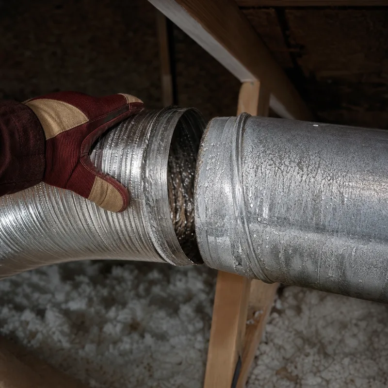 Disconnected bathroom exhaust duct in an attic with visible condensation marks