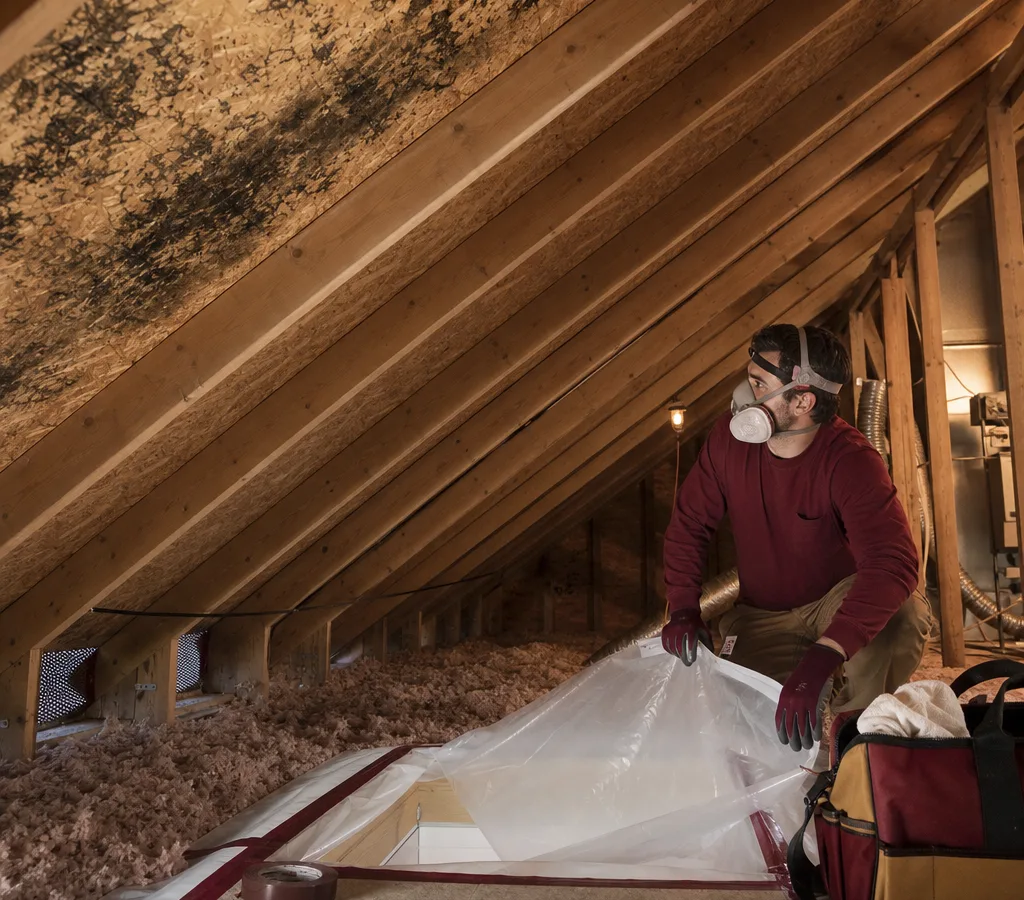 Residential attic with mold staining on roof sheathing near soffit vents and containment materials staged at the access hatch