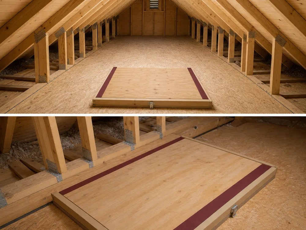 Cleaned attic roof decking and rafters with a uniform appearance and a protected tidy access area