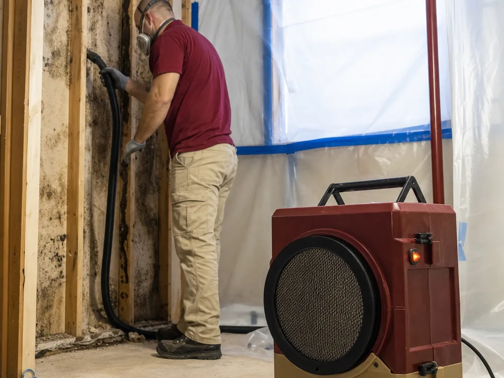 HEPA air scrubber running inside sealed plastic containment while a contractor HEPA-vacuums exposed wall studs
