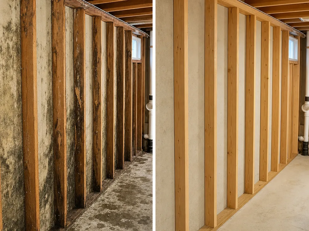 Cleaned basement wall studs after drywall removal with surfaces ready for drying and rebuilding