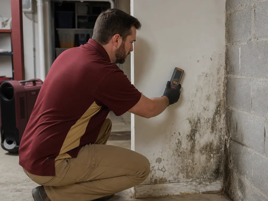 Contractor checking basement drywall with a moisture meter before removal work
